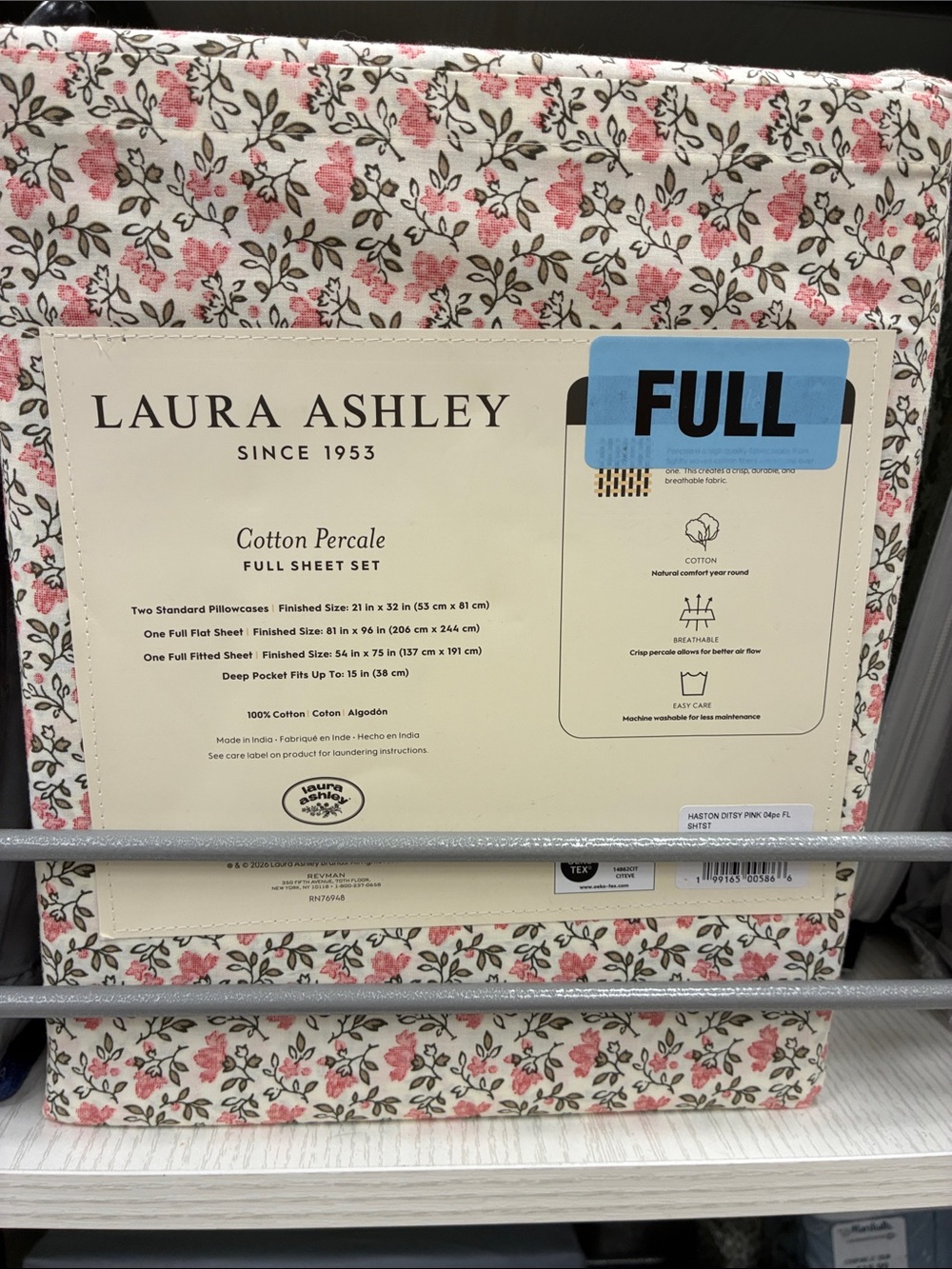 Laura Ashley Pink Floral Cotton Percale Full Sheet Set